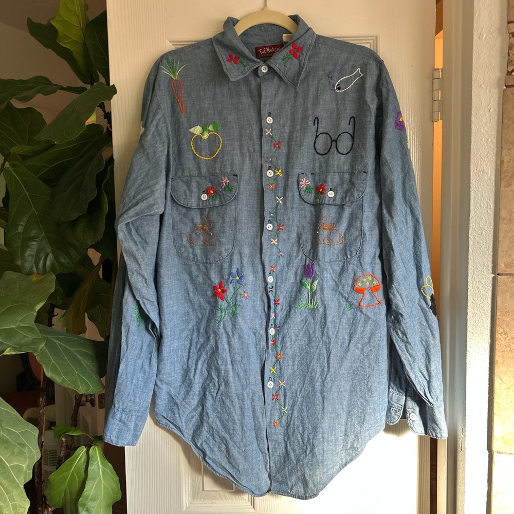 Vintage blue embroidered button up top handmade spring fall teachers cottage
